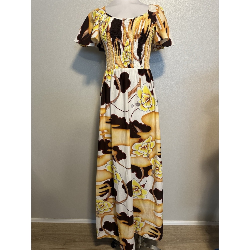 POMARE Hawaii Hawaiian Maxi MOD Floral Smocked Dress Vintage 60's sz.S/M/4-6